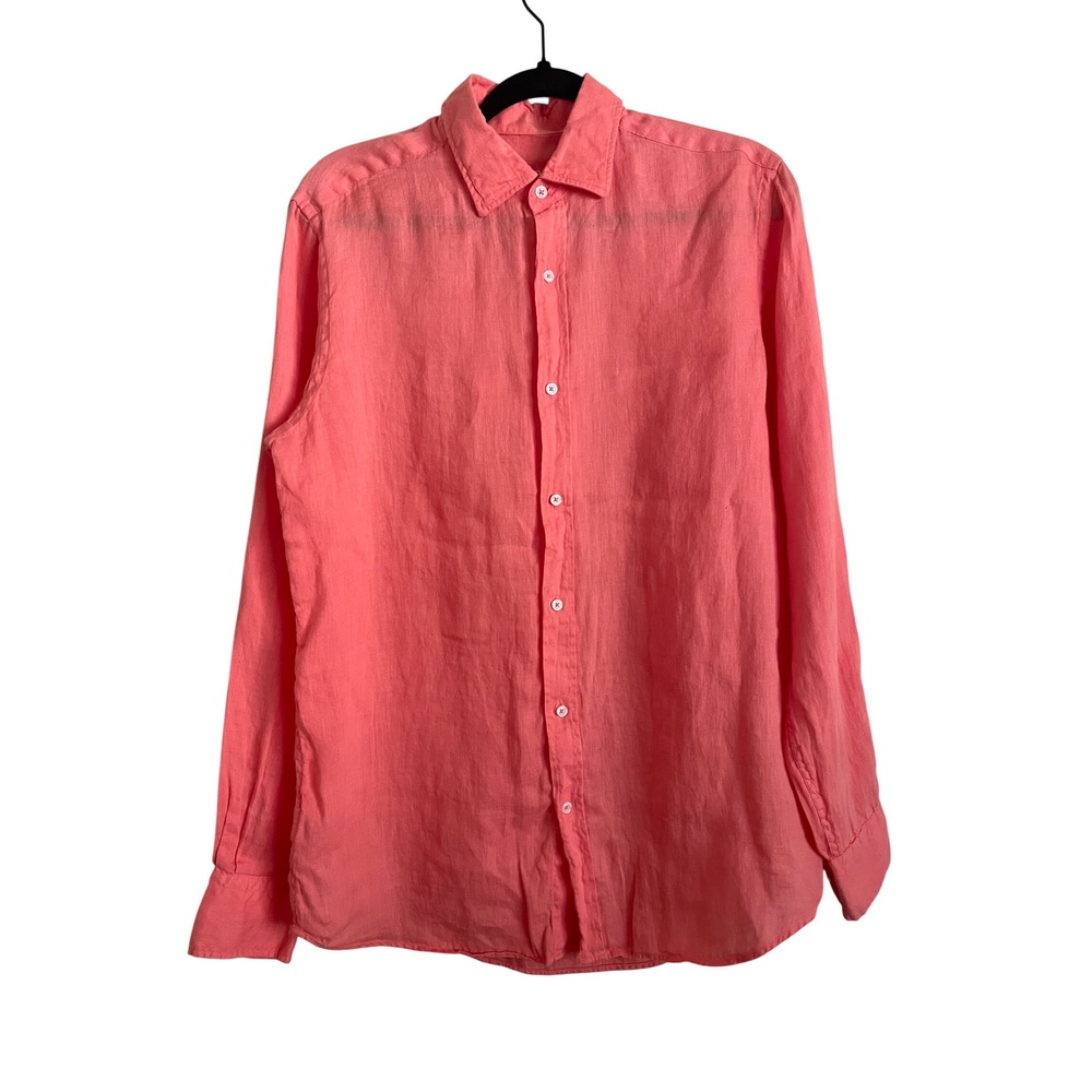 Massimo Dutti Mens Coral Pink 100% Linen Long Sleeve Button Up Shirt Medium Lux
